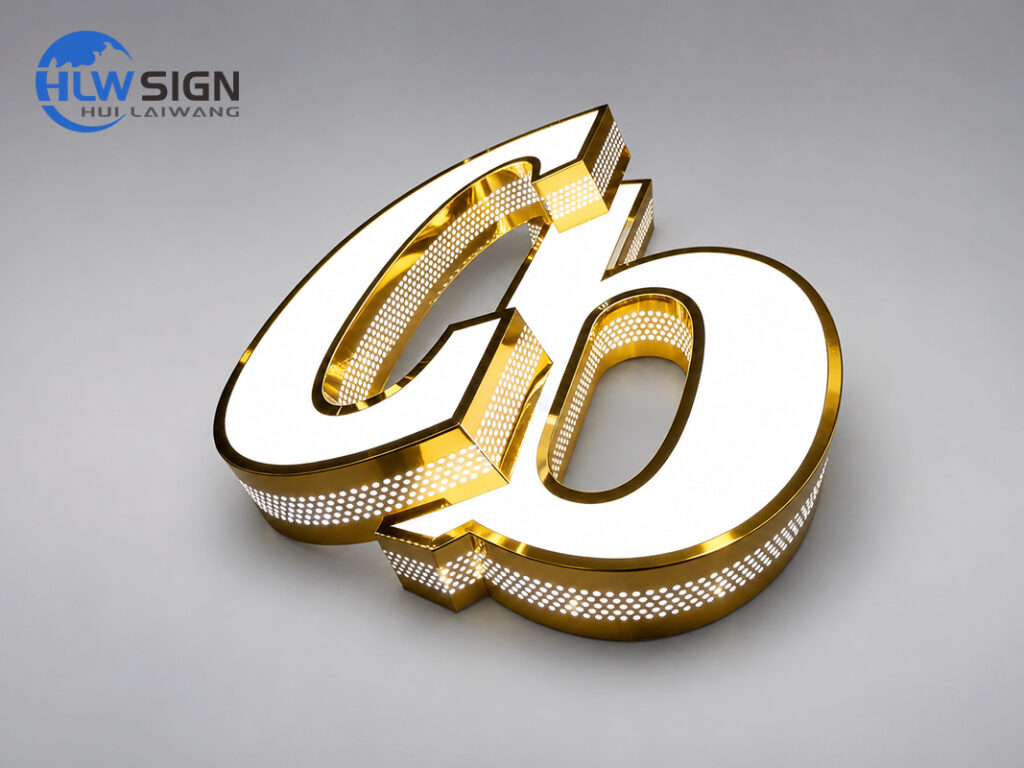 Side-perforated led channel letters gold illuminated letters