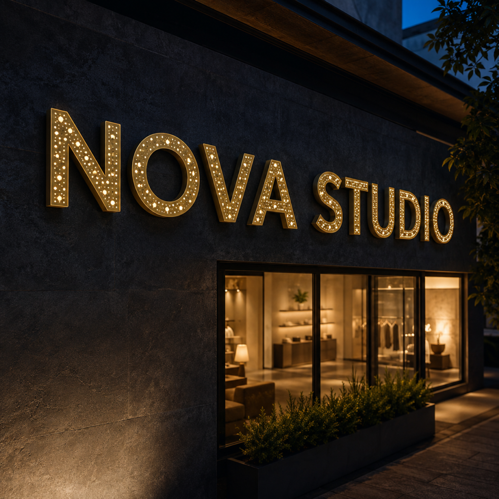 Custom Starry Sign with brushed gold perforated metal letters and warm white LED starlight illumination