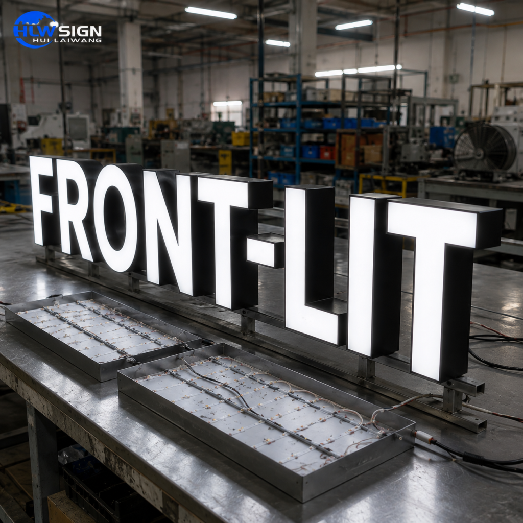 Custom illuminated signs with front-lit channel letters for outdoor business visibility