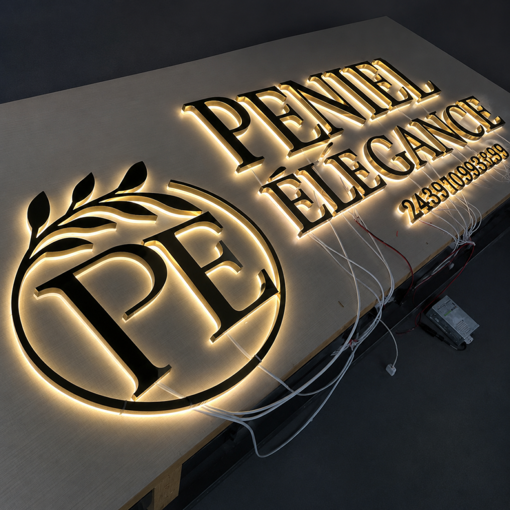 Stainless steel mirror finish gold backlit letters gold halo lit letters backlit logo wall sign