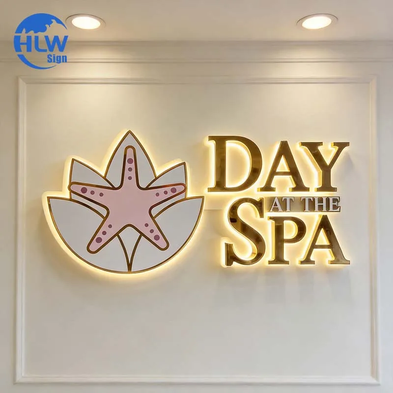 Cut to shape backlit logo sign backlit channel letters gold color halo lit channel letters