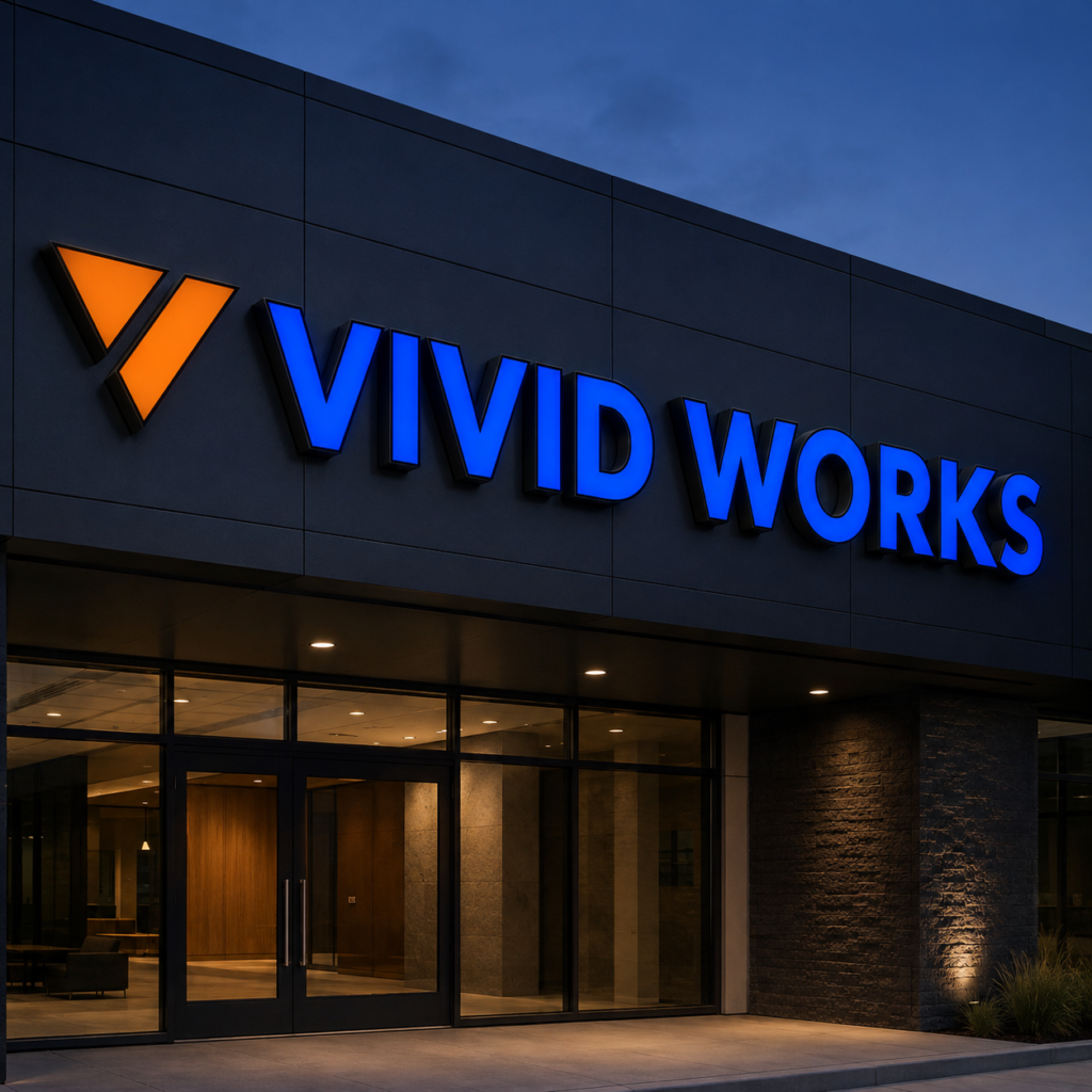 Illuminated exterior signs with durable metal channel letters installed on a commercial building façade.