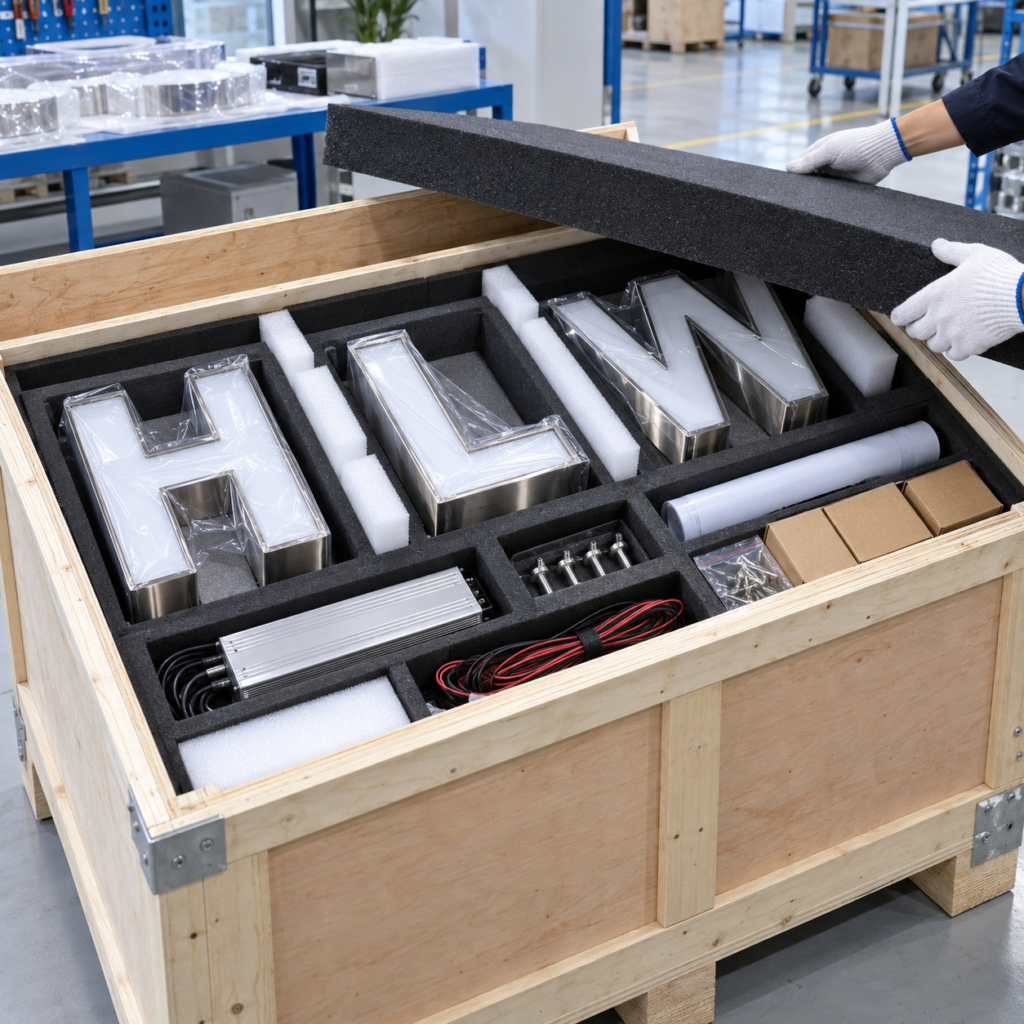 Wooden crate packaging used to import signs from China