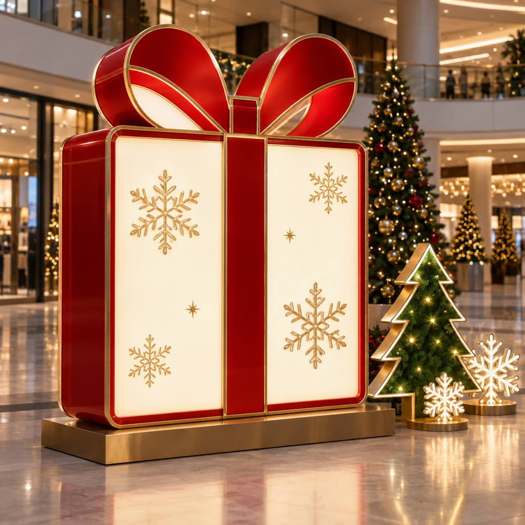 Freestanding Christmas light box signs shaped like a glowing gift box and Christmas tree in an upscale shopping-centre photo zone.