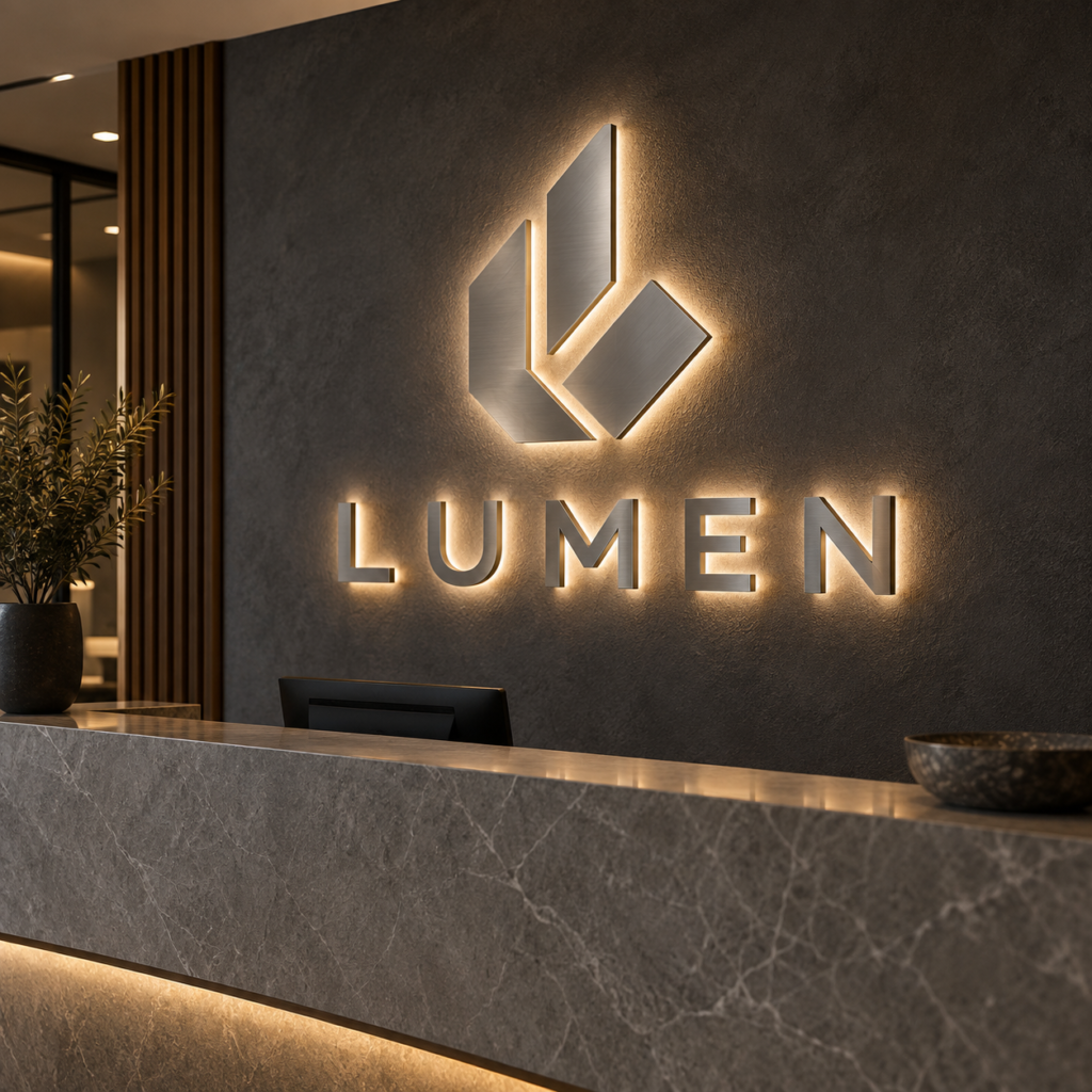Illuminated logo signs with brushed stainless-steel letters and warm-white halo lighting behind a modern office reception desk.